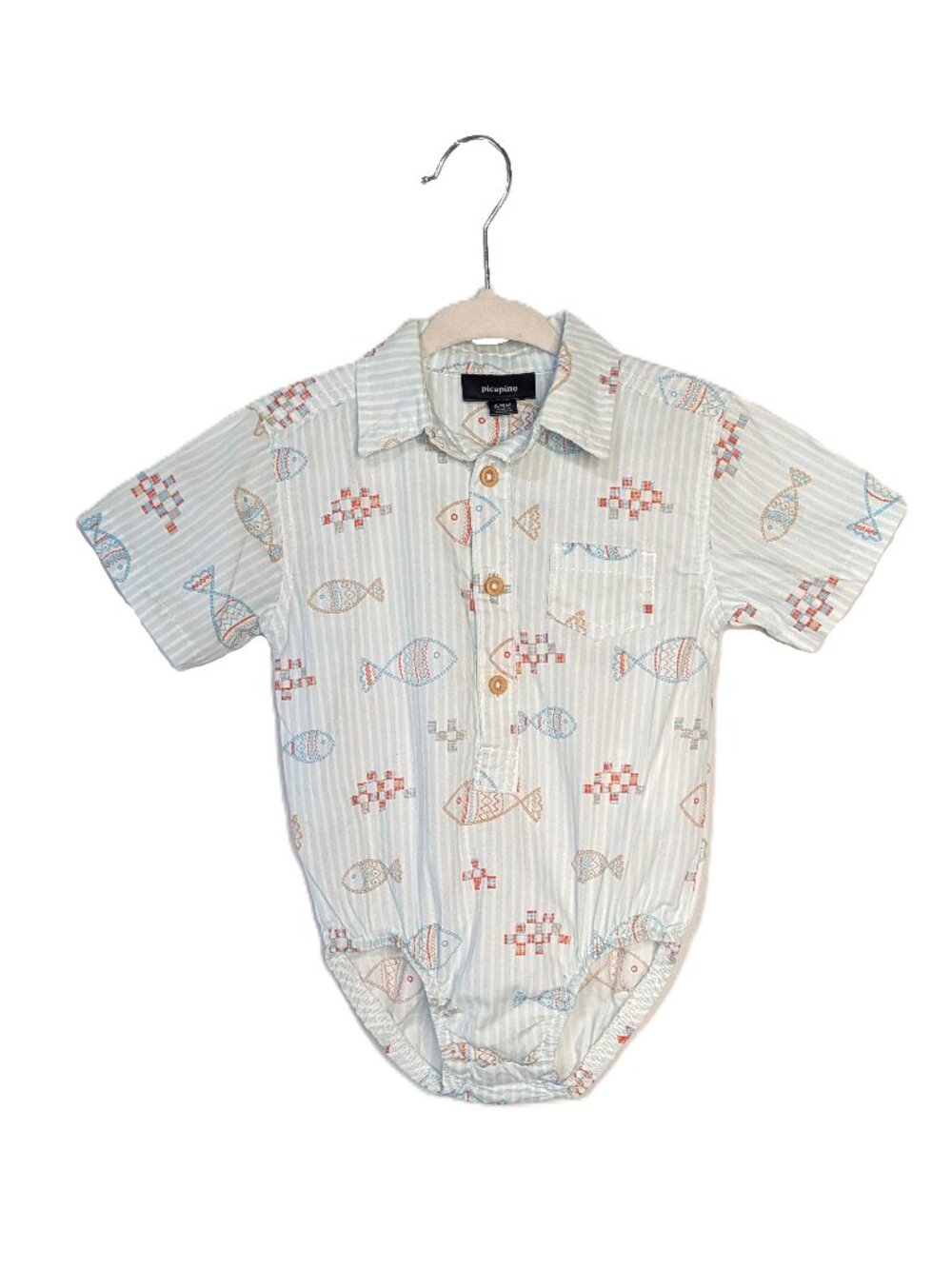 picapino Baby Boy Fish Print Striped Button Romper Bodysuit Blue 6-9M